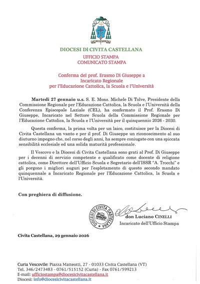 Ufficio Stampa - Conferma del Prof. Erasmo Di Giuseppe a Incarico Regionale per l'Educazione Cattolica, la Scuola e l'Università
